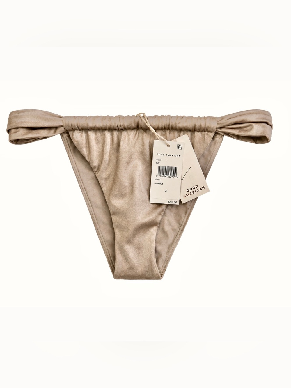 Good American Mink001 Shine Ruched Cheeky String Bikini Bottom Sz 3 NWT